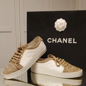 Chanel Women's Gold and White Sneakers